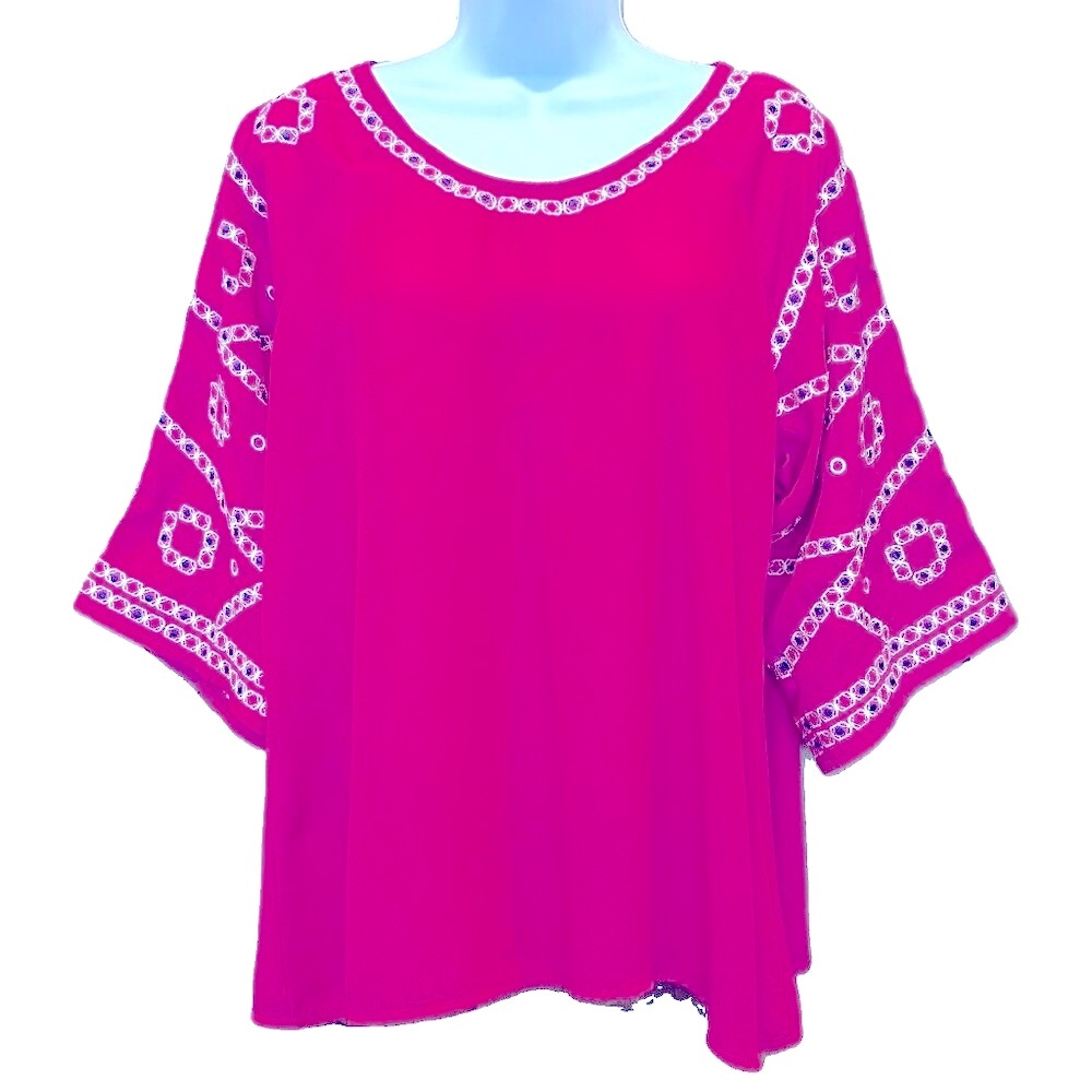 Miami Hot Pink SS Top w/Embellished ¾ Sleeves (NEW) - Picture 3 of 10